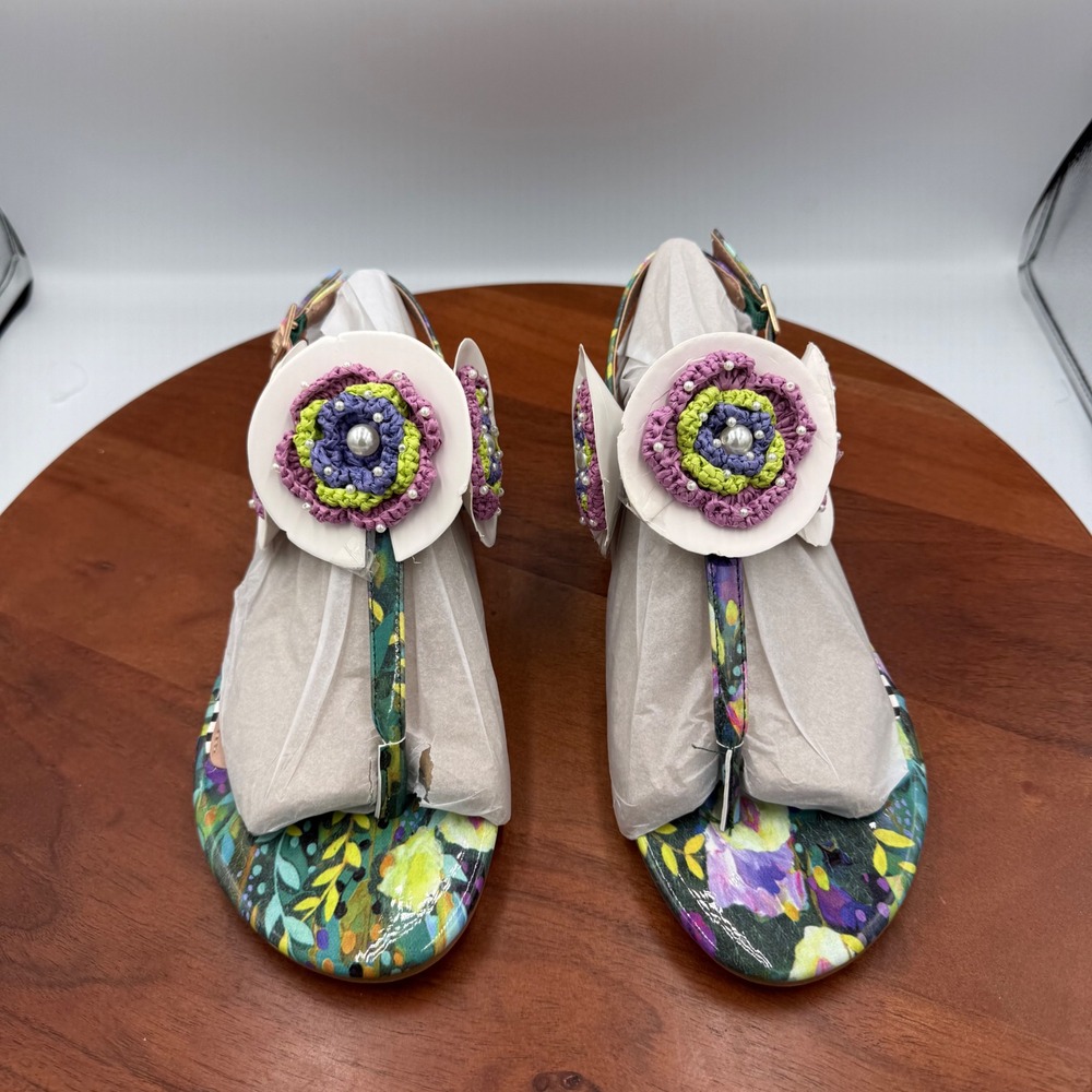 Betsey Johnson Cindii Floral Crochet Flower Pearl Flat Sandals Bright Multi Sz.8 - Picture 11 of 13